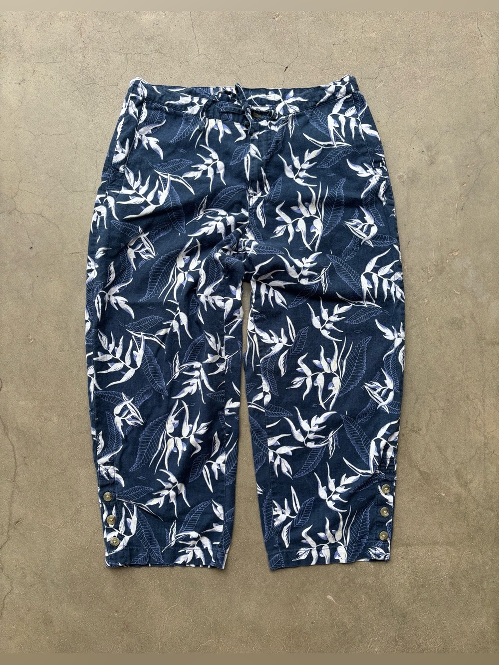 Vintage Y2K Columbia Linen Blend Floral Ankle Pants Navy Blue Women’s M 2003